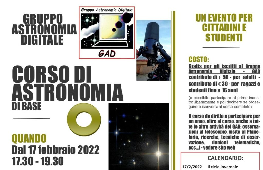 Corso di Astronomia al via il 17 febbraio. Una persona per ogni classe delle scuole del territorio potrà partecipare gratuitamente