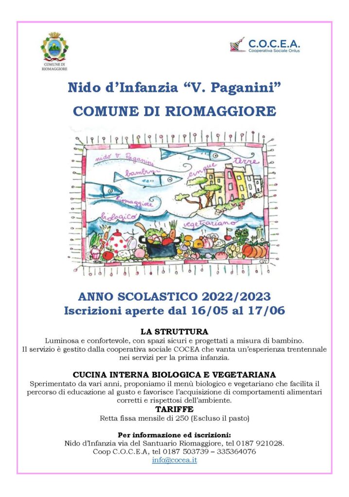 Con la presente comunichiamo l’apertura delle iscrizioni al nido d’infanzia V. Paganini dal 16 maggio al 17 giugno 2022